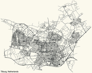 Detailed navigation black lines urban street roads map of the Dutch regional capital city of TILBURG, NETHERLANDS on vintage beige background