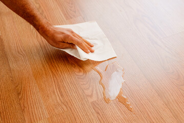 Man cleans a damp stain on the wooden floor of his house with absorbent kitchen paper.
