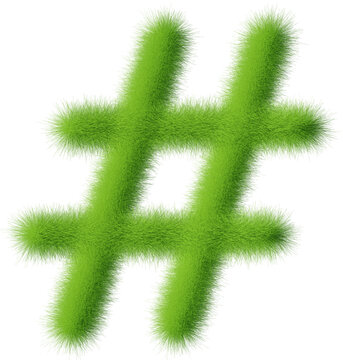 Climate symbol ,grass hash-tag symbol. Eco pound-sign symbol withthe green lawn texture. Isolated grassy digit, 3d rendering