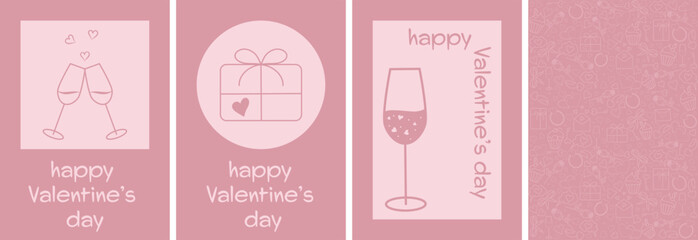 set of four pink valentines, love symbols on a delicate background, a glass of champagne, hearts, minimalism, flat vector graphics, sketch, place for text, valentines day greeting card, vector