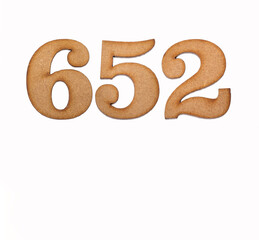 Number 652 in wood, isolated on white background