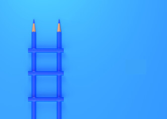 Staircase pencils on blue pastel background with copy space. Creative idea, imagination, design and invention concept. 3d render illustration