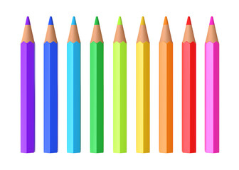 Set of realistic multicolor pencils or crayons isolated on white background. 3d render illustration