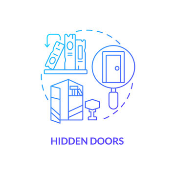 Hidden Doors Blue Gradient Concept Icon. Escape Room Feature Abstract Idea Thin Line Illustration. Hidden Passages. Invisible Closet Door. Isolated Outline Drawing. Myriad Pro-Bold Font Used