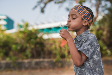 Cute african boy blowing dandelion outdoor at city park