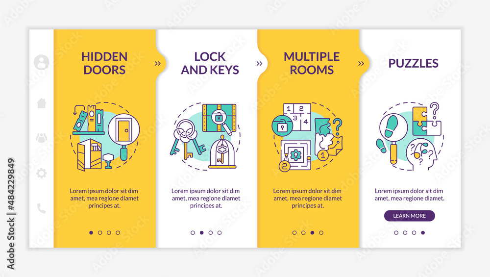 Aufkleber escape room aspects yellow onboarding template. ancient keys and puzzles. responsive mobile website 