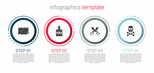 Set Pirate treasure map, Alcohol drink Rum, Crossed pirate swords and Skull on crossbones. Business infographic template. Vector