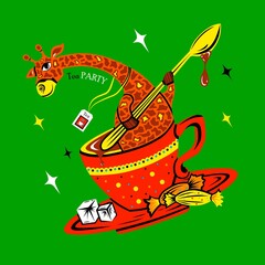 Tea party with cheerful colorful giraffe. Little giraffe character. Illustration for a children's cafe or postcard. Cup of tea or delicious chocolate 