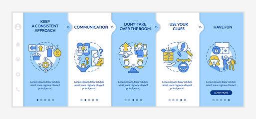 Escape room winning approaches blue and white onboarding template. Use clues. Responsive mobile website with linear concept icons. Web page walkthrough 5 step screens. Lato-Bold, Regular fonts used