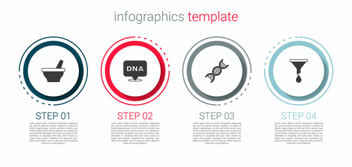 Set Mortar and pestle, DNA symbol, and Funnel filter. Business infographic template. Vector