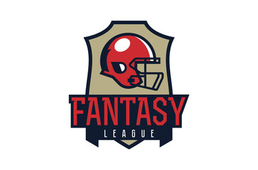 American football fantasy league logo. American football helmet emblem. Fantasy league badge, shield. Vector illustration isolated on white background