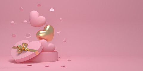 Happy Valentine's Day. Horizontal template poster, greeting card, headers for website. Gift box in the shape of a heart. There are golden hearts in the box. Roses. 3D rendering. 