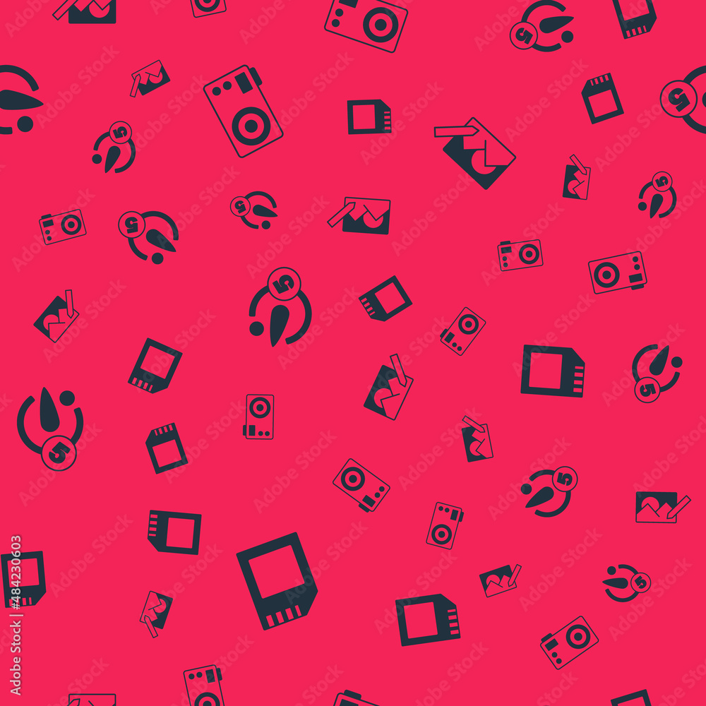 Poster set sd card, photo camera, camera timer and retouching on seamless pattern. vector