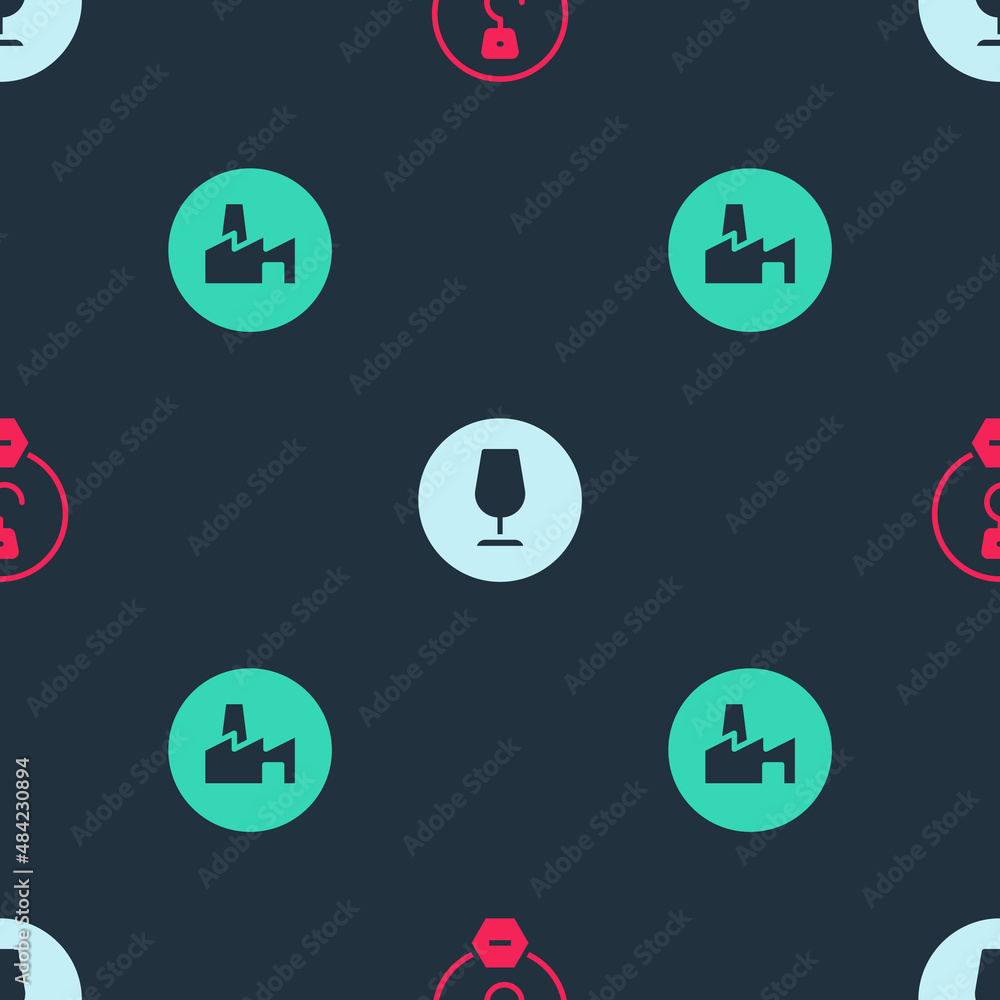 Poster set industrial hook, fragile broken glass and factory production on seamless pattern. vector