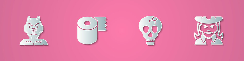 Set paper cut Krampus, heck, Toilet paper roll, Skull and Witch icon. Paper art style. Vector