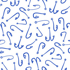 Blue ink fishing hooks isolated on white background. Cute monochrome seamless pattern. Vector simple flat graphic hand drawn illustration. Texture.