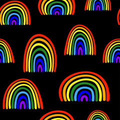 Beautiful bright colorful rainbow isolated on dark black background. Cute seamless pattern. Vector simple flat graphic hand drawn illustration. Texture.