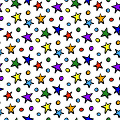 Beautiful small bright colorful multicolored ink stars and balloons isolated on white background. Cute starry seamless pattern. Vector simple flat graphic hand drawn illustration. Texture.