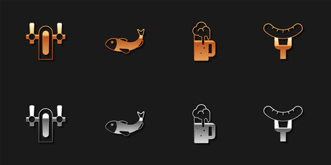 Set Beer tap, Dried fish, Wooden beer mug and Sausage on the fork icon. Vector