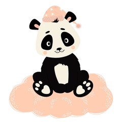 Cute panda in nightcap sits on delicate pink cloud. Vector illustration. Baby animals character for nursery, design, decoration and postcards, decor and print - obrazy, fototapety, plakaty