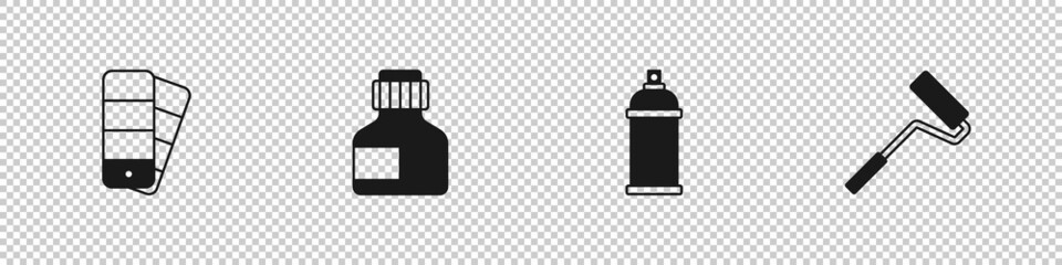 Set Color palette guide, Paint, gouache, jar, dye, spray can and roller brush icon. Vector