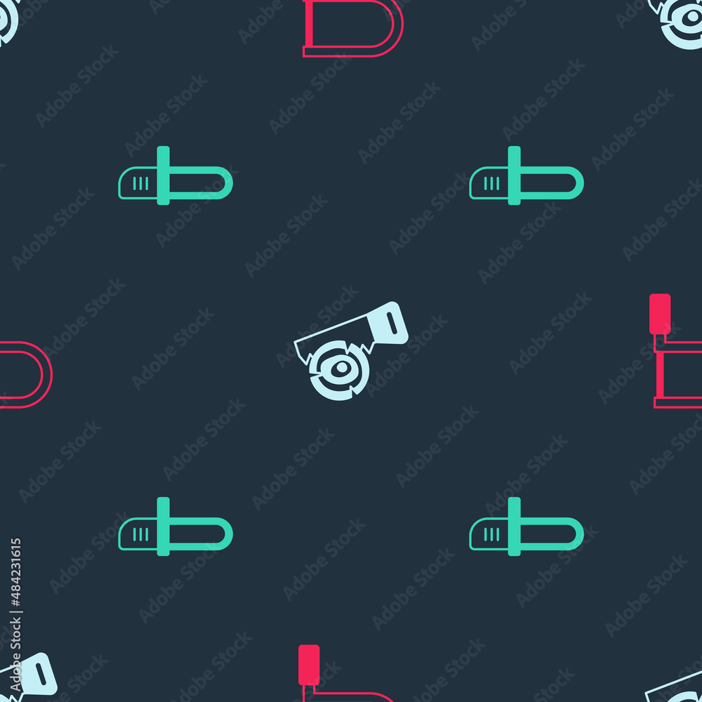 Poster set hacksaw, hand and log and chainsaw on seamless pattern. vector