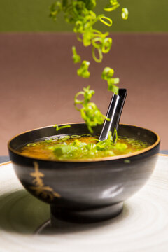 
Miso soup freshly prepared. Japanese food.  Front view with Copy Space.