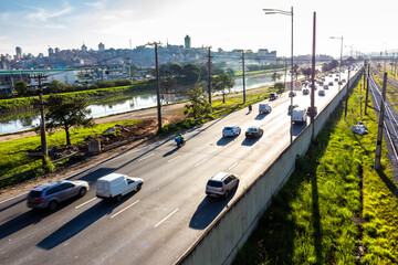 Sao Paulo, Brazil, June 17, 2016. vehicles traffic and train CPTM, in the Marginal Pinheiros and the United Nations Avenue, at the height of the Jaguare district, west side of Sao Paulo