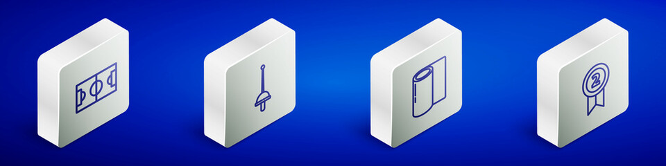 Set Isometric line Football or soccer field, Fencing, Fitness mat roll and Medal icon. Vector