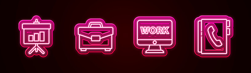 Set line Chalkboard with diagram, Briefcase, Monitor text work and Address book. Glowing neon icon. Vector