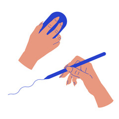 set of hands with computer mouse and stylus pen