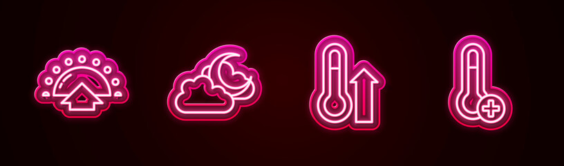 Set line Sunrise, Cloud with moon, Meteorology thermometer and . Glowing neon icon. Vector