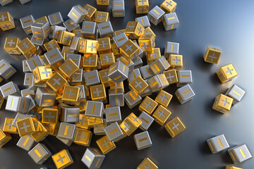 Backdrop of metal cubes with plus and minus symbols. 3d Rendering