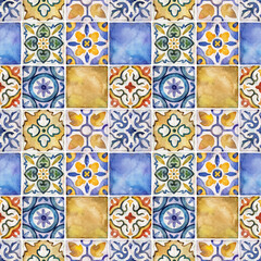 Watercolor seamless pattern with ceramic tiles . Square vintage hand-drawn ornament.