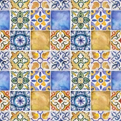 Behang Portugese tegeltjes Watercolor seamless pattern with ceramic tiles . Square vintage hand-drawn ornament.