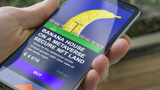 WEB3 virtual real estate house NFT on a tokenized plot nft parcel metaverse. Digital architecture and tokenized land in meta verse. Architectural token on virtual land. Decentralized token plot.
