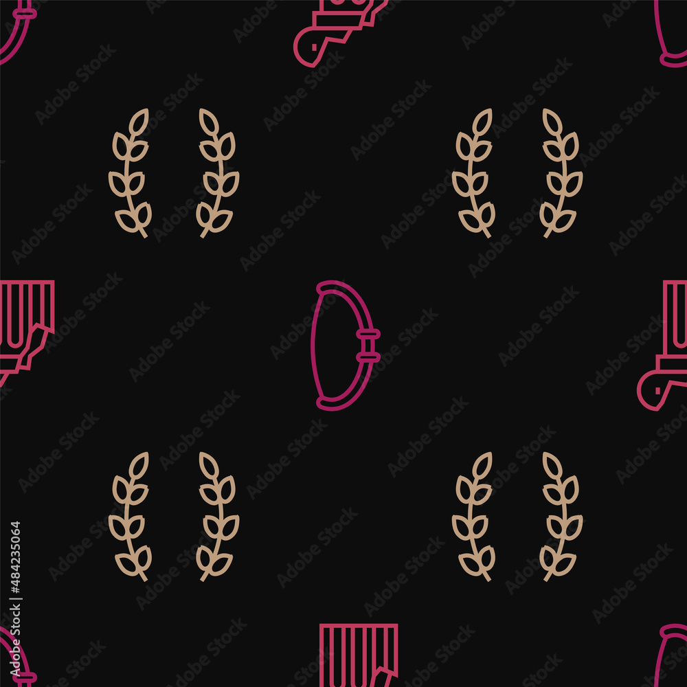 Poster set line broken ancient column, laurel wreath and medieval bow on seamless pattern. vector