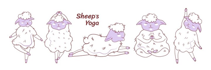 Naklejka premium Collection of sheep yoga poses. Cute sheep perform tree, triangle, boat and lotus poses. Cartoon lambs, vector illustration