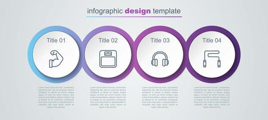 Set line Bodybuilder muscle, Bathroom scales, Headphones and Jump rope. Business infographic template. Vector