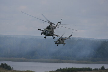 Ukrainian helicopters during a joint military exercise Rapid Trident 2019 at a at the International Center for Peacekeeping and Security of the National Academy of Land Forces near Lviv.