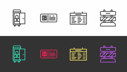 Set line Toilet in the train car, QR code ticket, Train station board and End of railway tracks on black and white. Vector