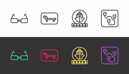 Set line Glasses, Sunbed and umbrella, Cruise ship and Route location on black and white. Vector
