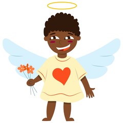 Valentine s Day. Cheerful baby boy cupid angel holding red flowers. Pastel blue wings. Black skin. Brown curly hair. Yellow shirt. Cartoon style. Cute and funny. For greeting card or poster design