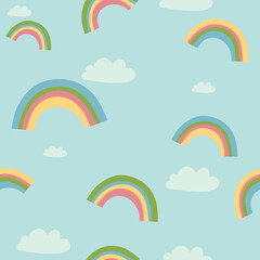 Seamless rainbow sky the clouds illustration background pattern. vector childish pattern. Vector illustration. textile, print, surface design, fashion kids wear