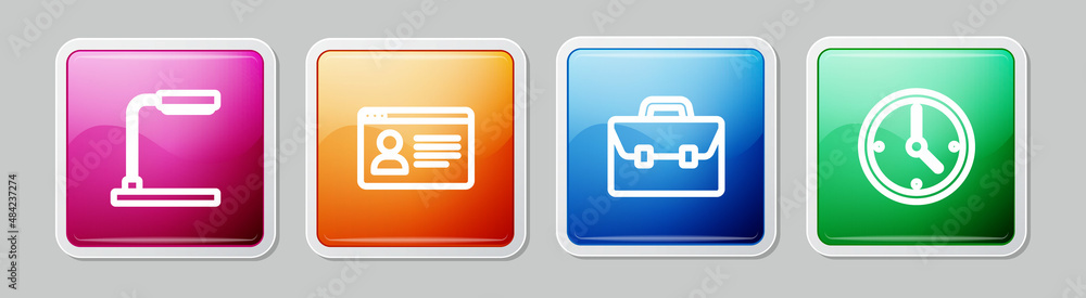 Poster set line table lamp, online class, briefcase and clock. colorful square button. vector