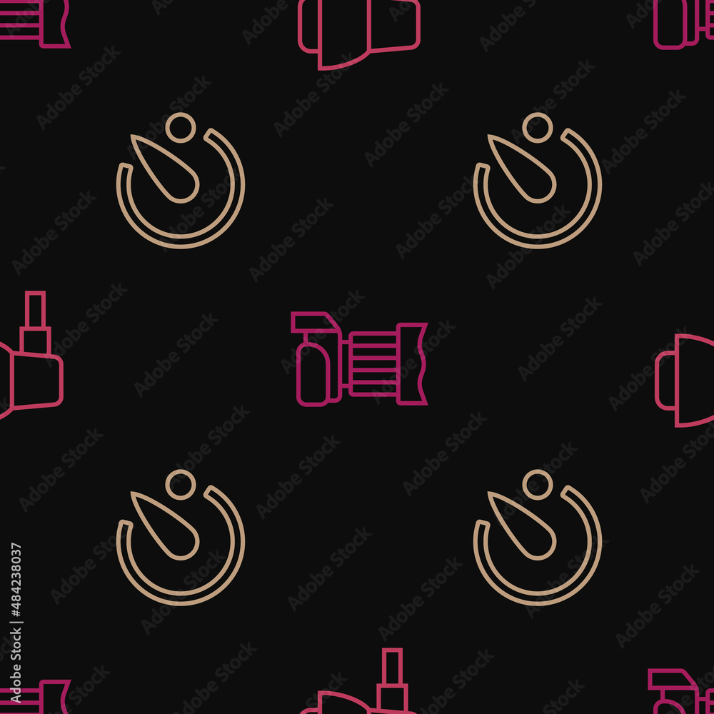 Poster set line softbox light, camera timer and photo camera on seamless pattern. vector