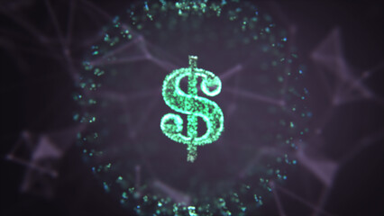 3d illustration of dollar symbol on dark blue background.