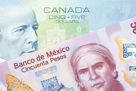 A Macro Image Of A Pink, Plastic Fifty Peso Bank Note From Mexico Paired Up With A Blue Five Dollar Bill From Canada.  Shot Close Up In Macro.