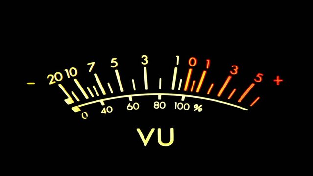 A single clear VU meter from a stereo player, glowing in the dark. Macro closeup shot.
