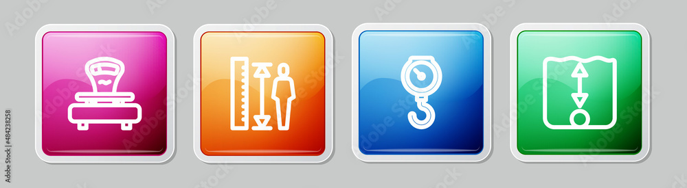Poster set line scales, measuring height body, hand scale spring mechanical and depth measurement. colorful